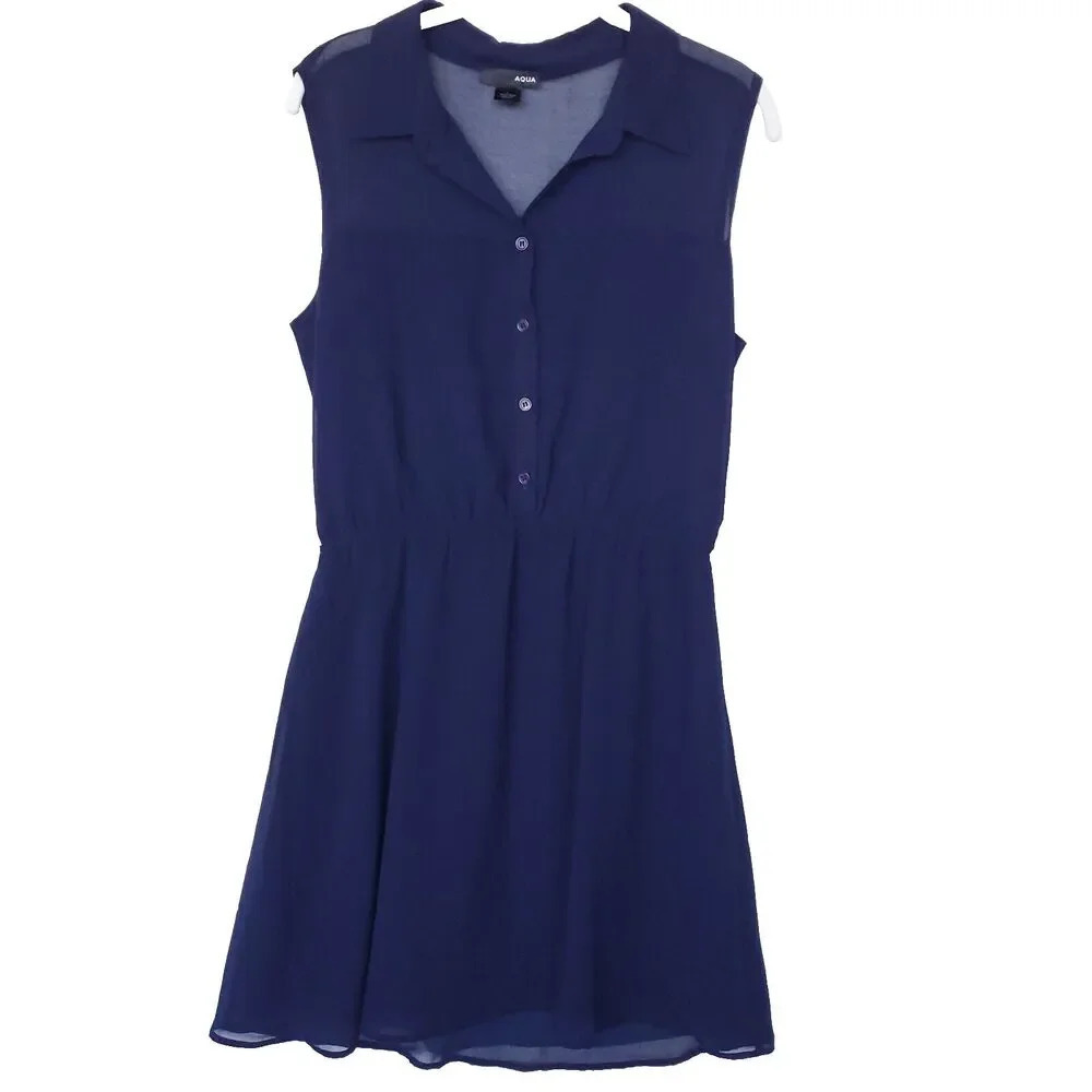 Aqua Women Sheer Dress Size Large Navy Blue Tunic Modern Stylish Sleeveless